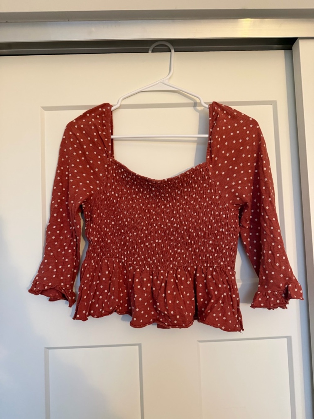 American Eagle Outfitters Rust Red Polka Dot Smocked Peplum Blouse
